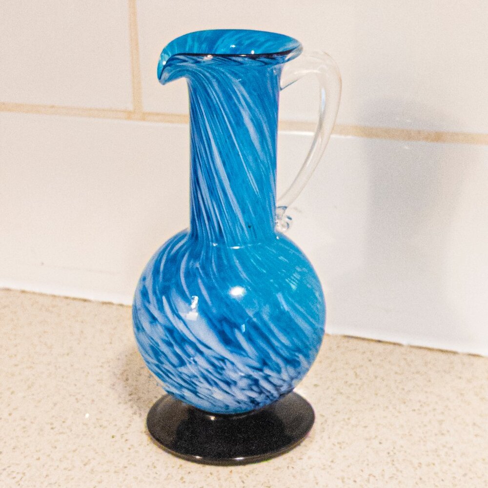 Vintage Wales Blue Swirl Glass Vase Murano Style Mid Century Made in Japan Art
